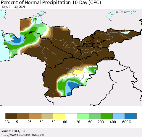 Central Asia Percent of Normal Precipitation 10-Day (CPC) Thematic Map For 9/21/2021 - 9/30/2021
