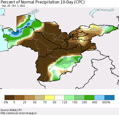 Central Asia Percent of Normal Precipitation 10-Day (CPC) Thematic Map For 9/26/2021 - 10/5/2021