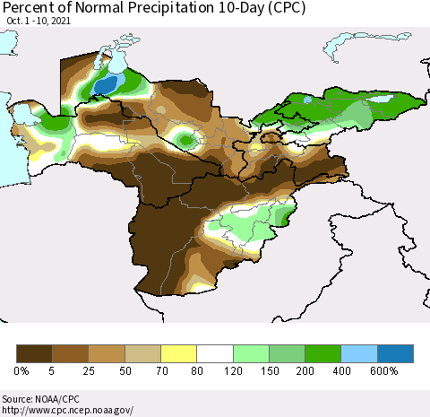 Central Asia Percent of Normal Precipitation 10-Day (CPC) Thematic Map For 10/1/2021 - 10/10/2021