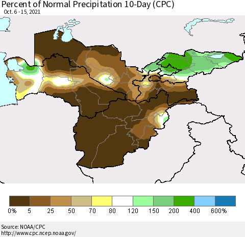 Central Asia Percent of Normal Precipitation 10-Day (CPC) Thematic Map For 10/6/2021 - 10/15/2021