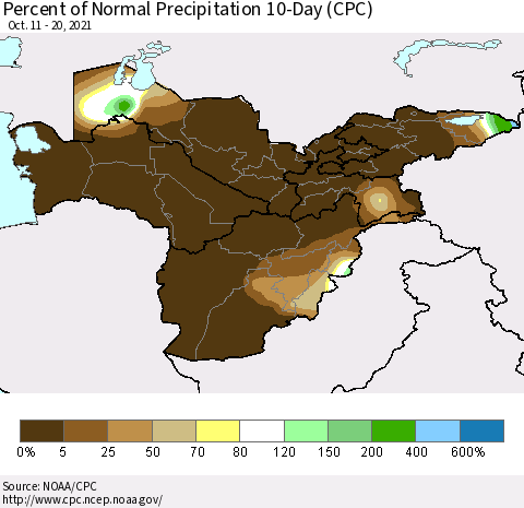 Central Asia Percent of Normal Precipitation 10-Day (CPC) Thematic Map For 10/11/2021 - 10/20/2021