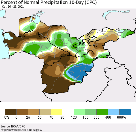 Central Asia Percent of Normal Precipitation 10-Day (CPC) Thematic Map For 10/16/2021 - 10/25/2021