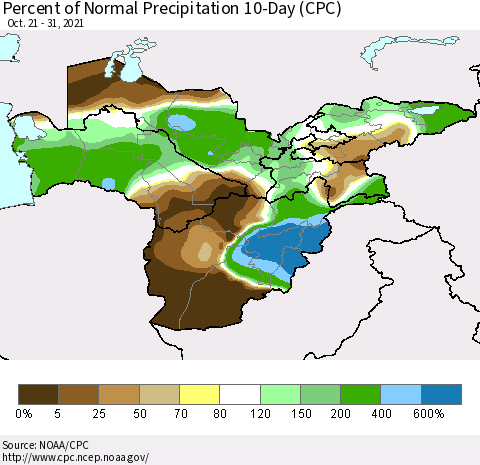 Central Asia Percent of Normal Precipitation 10-Day (CPC) Thematic Map For 10/21/2021 - 10/31/2021
