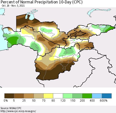 Central Asia Percent of Normal Precipitation 10-Day (CPC) Thematic Map For 10/26/2021 - 11/5/2021