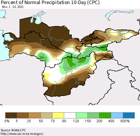 Central Asia Percent of Normal Precipitation 10-Day (CPC) Thematic Map For 11/1/2021 - 11/10/2021