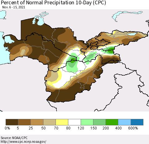 Central Asia Percent of Normal Precipitation 10-Day (CPC) Thematic Map For 11/6/2021 - 11/15/2021