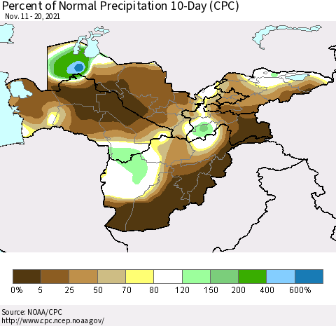 Central Asia Percent of Normal Precipitation 10-Day (CPC) Thematic Map For 11/11/2021 - 11/20/2021