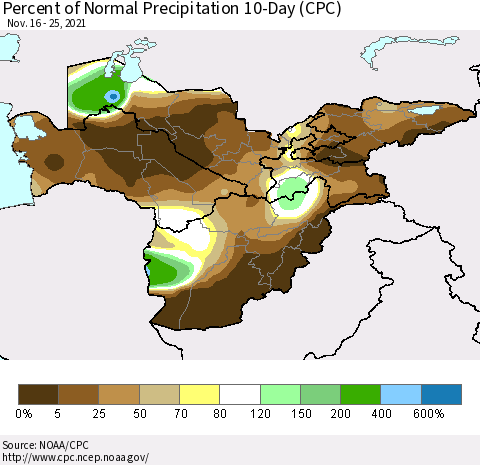 Central Asia Percent of Normal Precipitation 10-Day (CPC) Thematic Map For 11/16/2021 - 11/25/2021
