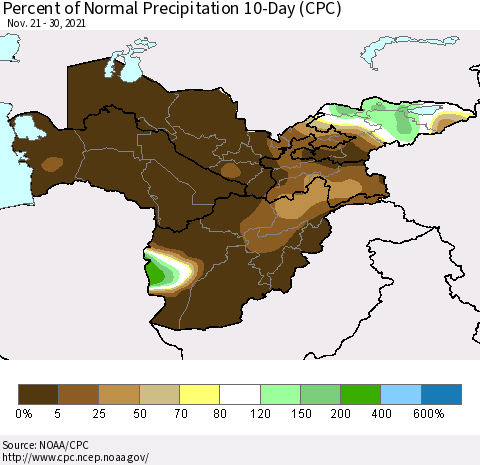 Central Asia Percent of Normal Precipitation 10-Day (CPC) Thematic Map For 11/21/2021 - 11/30/2021