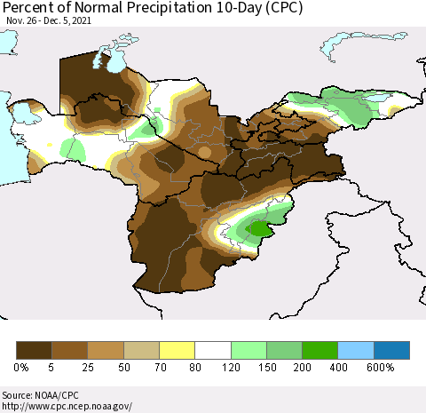 Central Asia Percent of Normal Precipitation 10-Day (CPC) Thematic Map For 11/26/2021 - 12/5/2021