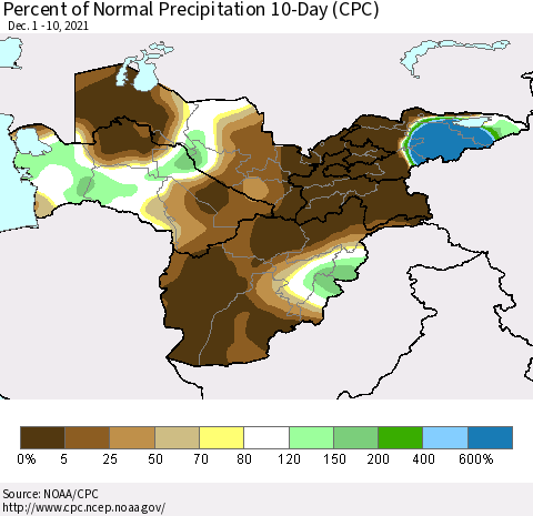 Central Asia Percent of Normal Precipitation 10-Day (CPC) Thematic Map For 12/1/2021 - 12/10/2021