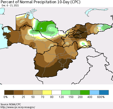 Central Asia Percent of Normal Precipitation 10-Day (CPC) Thematic Map For 12/6/2021 - 12/15/2021