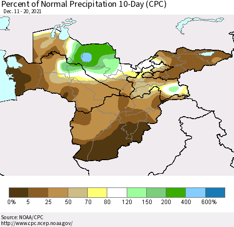 Central Asia Percent of Normal Precipitation 10-Day (CPC) Thematic Map For 12/11/2021 - 12/20/2021