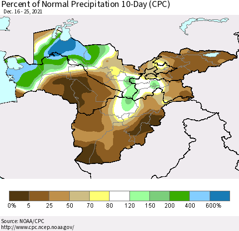 Central Asia Percent of Normal Precipitation 10-Day (CPC) Thematic Map For 12/16/2021 - 12/25/2021