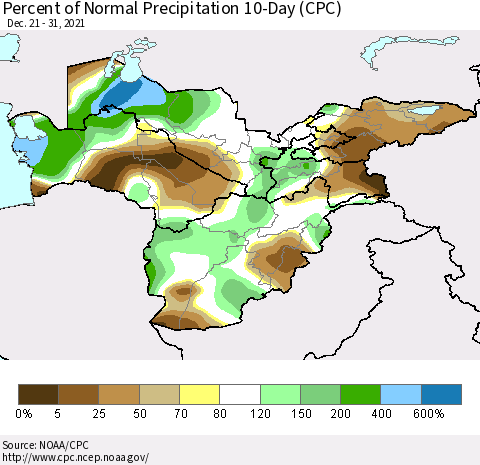 Central Asia Percent of Normal Precipitation 10-Day (CPC) Thematic Map For 12/21/2021 - 12/31/2021