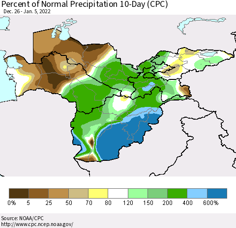 Central Asia Percent of Normal Precipitation 10-Day (CPC) Thematic Map For 12/26/2021 - 1/5/2022