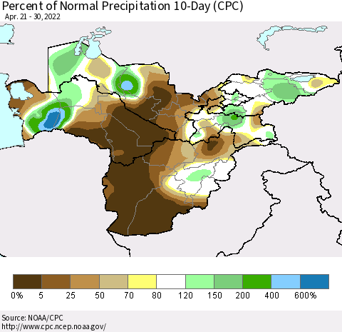 Central Asia Percent of Normal Precipitation 10-Day (CPC) Thematic Map For 4/21/2022 - 4/30/2022