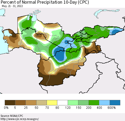 Central Asia Percent of Normal Precipitation 10-Day (CPC) Thematic Map For 5/21/2022 - 5/31/2022