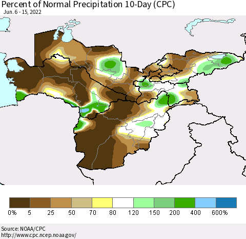 Central Asia Percent of Normal Precipitation 10-Day (CPC) Thematic Map For 6/6/2022 - 6/15/2022