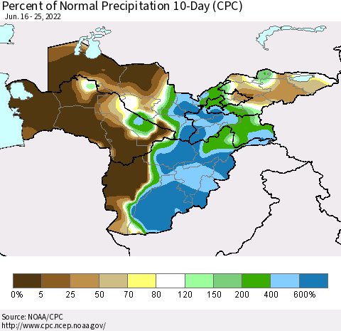 Central Asia Percent of Normal Precipitation 10-Day (CPC) Thematic Map For 6/16/2022 - 6/25/2022