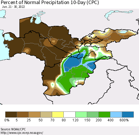 Central Asia Percent of Normal Precipitation 10-Day (CPC) Thematic Map For 6/21/2022 - 6/30/2022