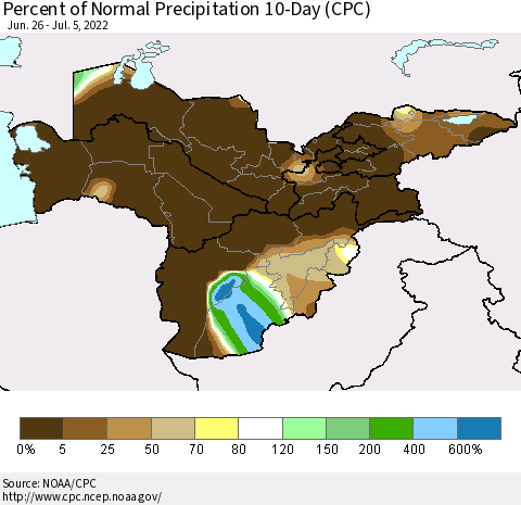 Central Asia Percent of Normal Precipitation 10-Day (CPC) Thematic Map For 6/26/2022 - 7/5/2022