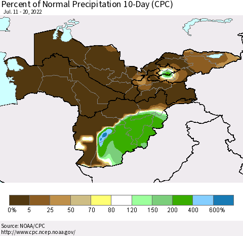 Central Asia Percent of Normal Precipitation 10-Day (CPC) Thematic Map For 7/11/2022 - 7/20/2022