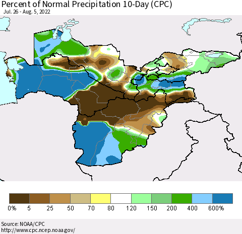 Central Asia Percent of Normal Precipitation 10-Day (CPC) Thematic Map For 7/26/2022 - 8/5/2022