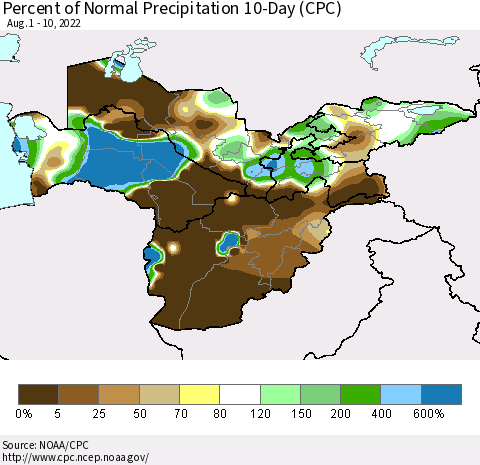 Central Asia Percent of Normal Precipitation 10-Day (CPC) Thematic Map For 8/1/2022 - 8/10/2022
