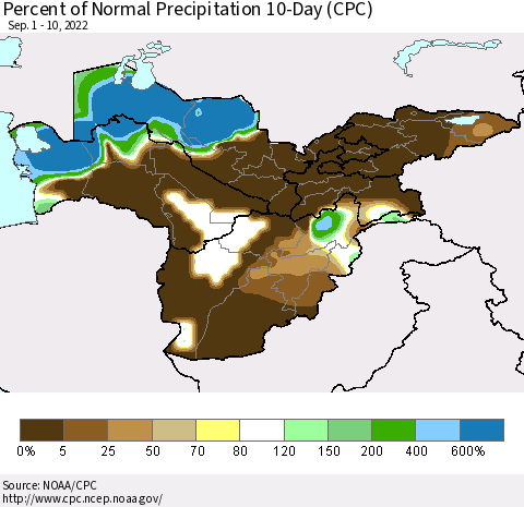 Central Asia Percent of Normal Precipitation 10-Day (CPC) Thematic Map For 9/1/2022 - 9/10/2022