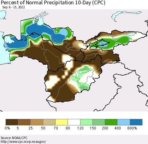 Central Asia Percent of Normal Precipitation 10-Day (CPC) Thematic Map For 9/6/2022 - 9/15/2022
