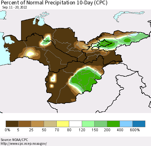 Central Asia Percent of Normal Precipitation 10-Day (CPC) Thematic Map For 9/11/2022 - 9/20/2022