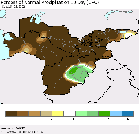 Central Asia Percent of Normal Precipitation 10-Day (CPC) Thematic Map For 9/16/2022 - 9/25/2022