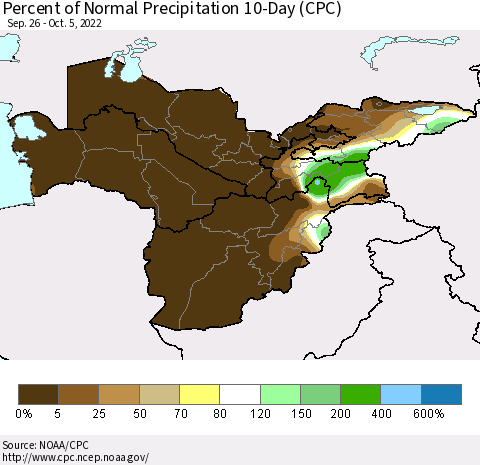 Central Asia Percent of Normal Precipitation 10-Day (CPC) Thematic Map For 9/26/2022 - 10/5/2022