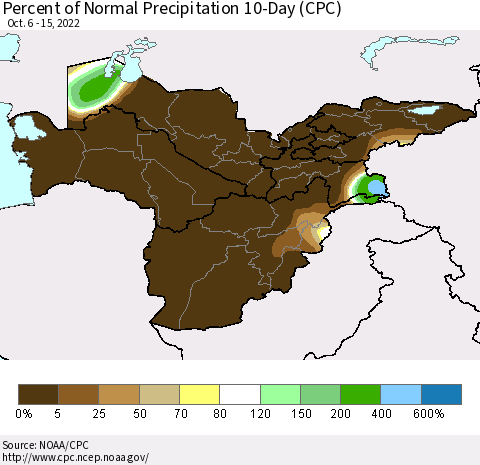 Central Asia Percent of Normal Precipitation 10-Day (CPC) Thematic Map For 10/6/2022 - 10/15/2022
