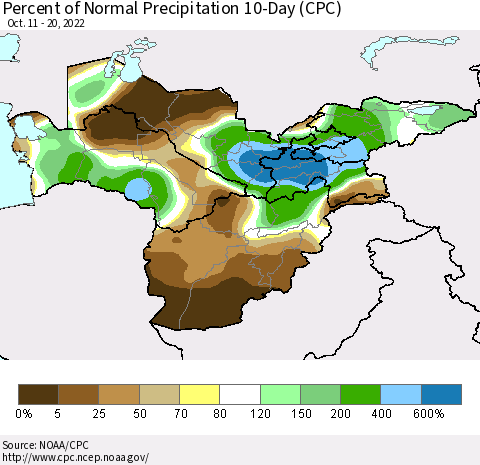 Central Asia Percent of Normal Precipitation 10-Day (CPC) Thematic Map For 10/11/2022 - 10/20/2022