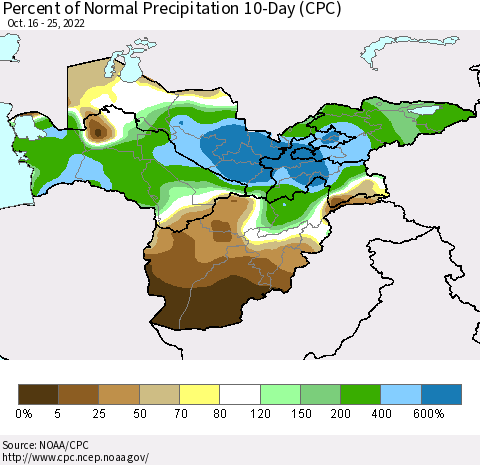 Central Asia Percent of Normal Precipitation 10-Day (CPC) Thematic Map For 10/16/2022 - 10/25/2022