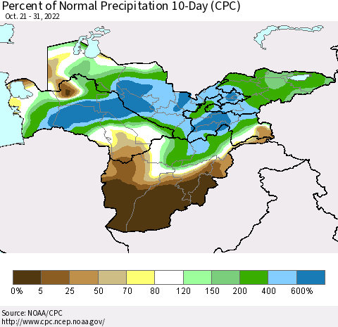 Central Asia Percent of Normal Precipitation 10-Day (CPC) Thematic Map For 10/21/2022 - 10/31/2022