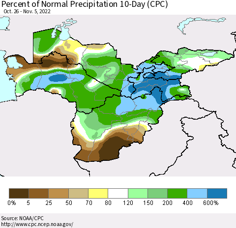 Central Asia Percent of Normal Precipitation 10-Day (CPC) Thematic Map For 10/26/2022 - 11/5/2022