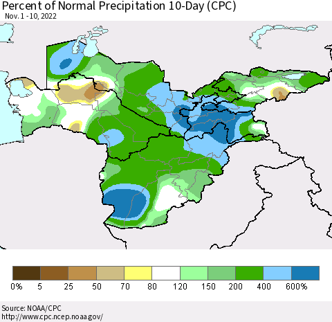 Central Asia Percent of Normal Precipitation 10-Day (CPC) Thematic Map For 11/1/2022 - 11/10/2022