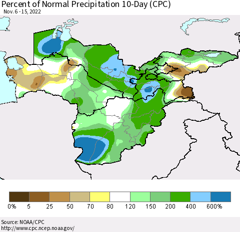 Central Asia Percent of Normal Precipitation 10-Day (CPC) Thematic Map For 11/6/2022 - 11/15/2022