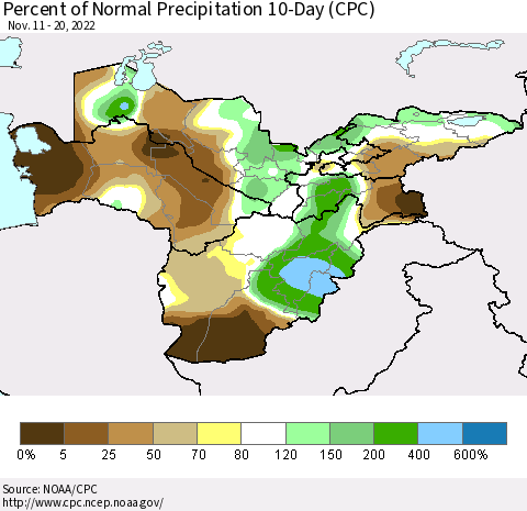 Central Asia Percent of Normal Precipitation 10-Day (CPC) Thematic Map For 11/11/2022 - 11/20/2022