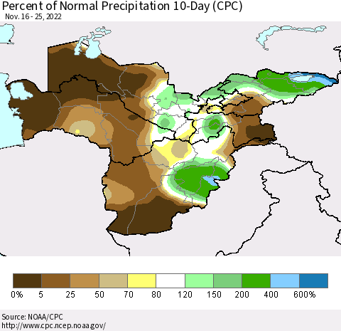 Central Asia Percent of Normal Precipitation 10-Day (CPC) Thematic Map For 11/16/2022 - 11/25/2022