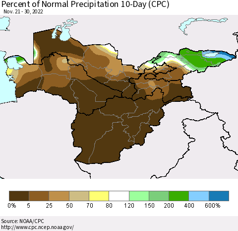 Central Asia Percent of Normal Precipitation 10-Day (CPC) Thematic Map For 11/21/2022 - 11/30/2022