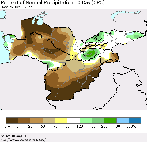 Central Asia Percent of Normal Precipitation 10-Day (CPC) Thematic Map For 11/26/2022 - 12/5/2022