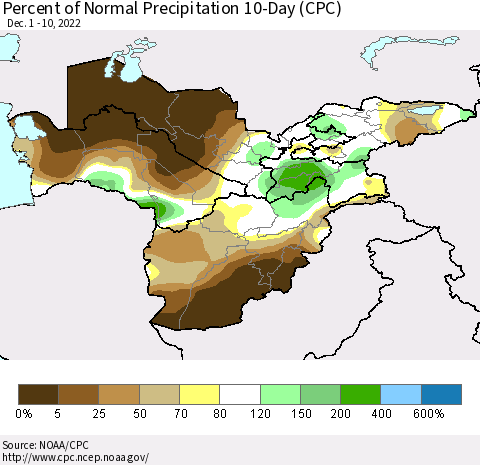 Central Asia Percent of Normal Precipitation 10-Day (CPC) Thematic Map For 12/1/2022 - 12/10/2022