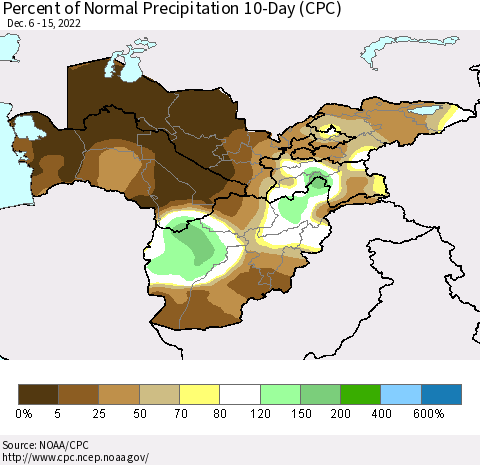 Central Asia Percent of Normal Precipitation 10-Day (CPC) Thematic Map For 12/6/2022 - 12/15/2022