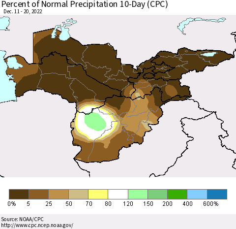 Central Asia Percent of Normal Precipitation 10-Day (CPC) Thematic Map For 12/11/2022 - 12/20/2022