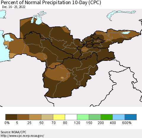 Central Asia Percent of Normal Precipitation 10-Day (CPC) Thematic Map For 12/16/2022 - 12/25/2022
