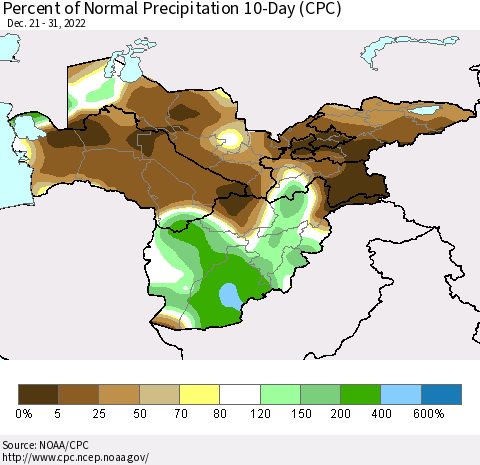 Central Asia Percent of Normal Precipitation 10-Day (CPC) Thematic Map For 12/21/2022 - 12/31/2022